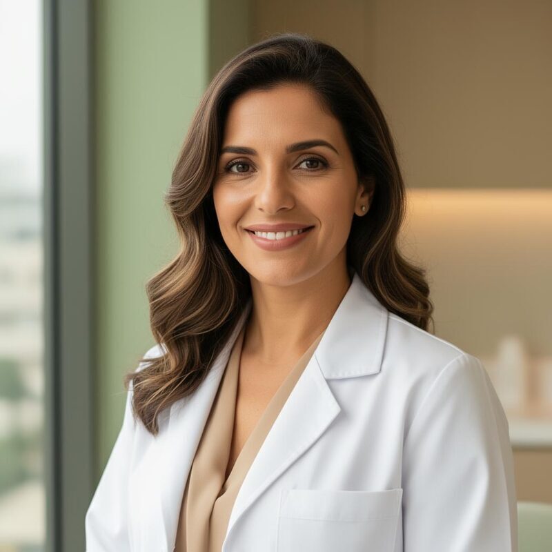 Dra. Helena Vasconcellos, dermatologista em São Paulo, com jaleco branco